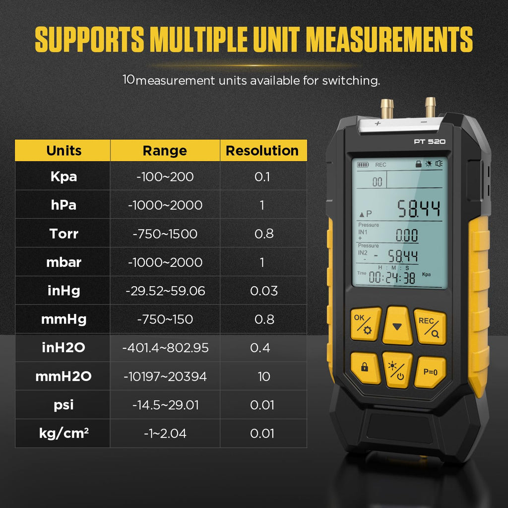 PT520 Digital Manometer Dual-Port HVAC Differential Pressure Gauge