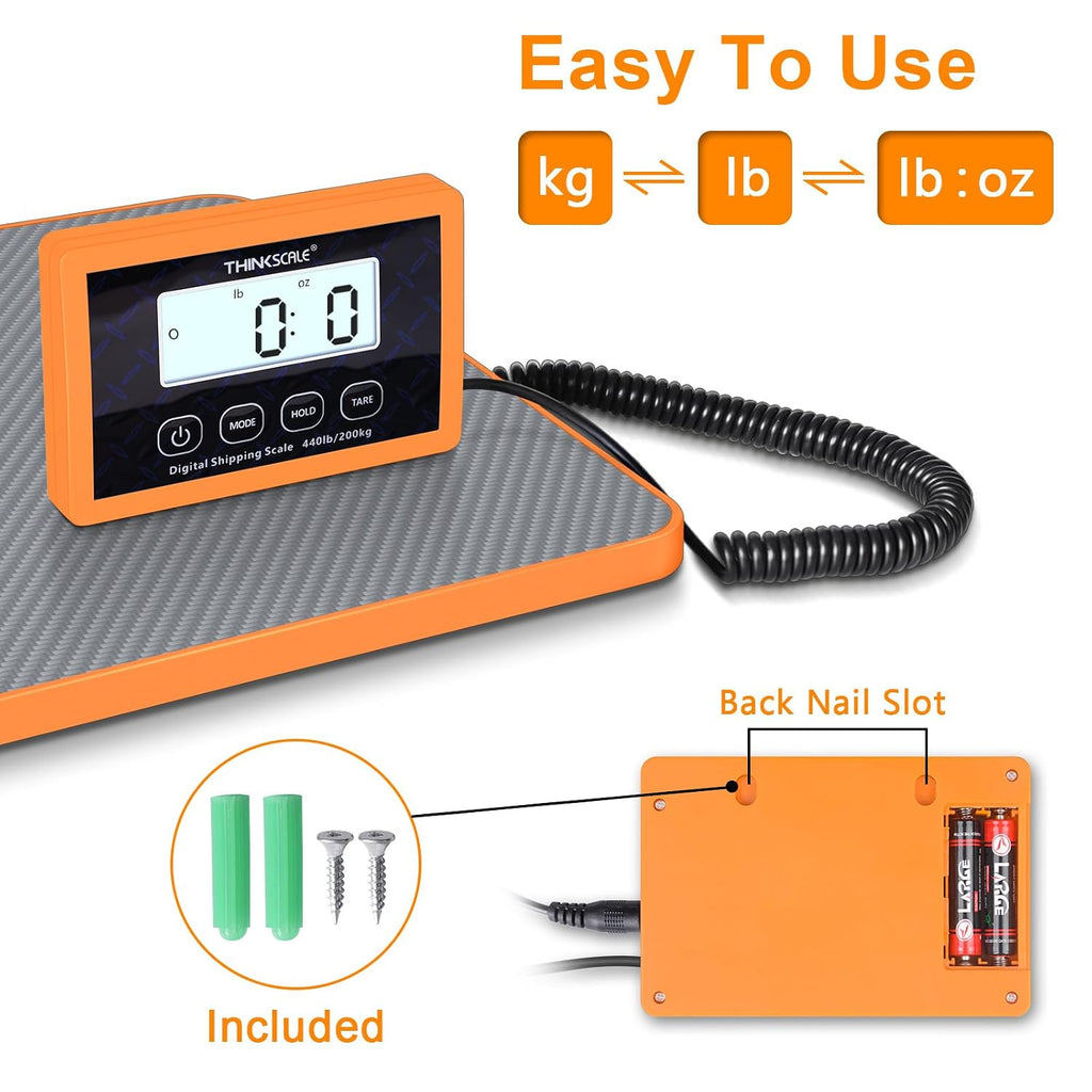 Shipping Scale, 440lb, 10g/1oz Postal Scale, Hold/Tare | Carbon Fiber Platform – Anti-Slip & Lightweight, Backlit LCD