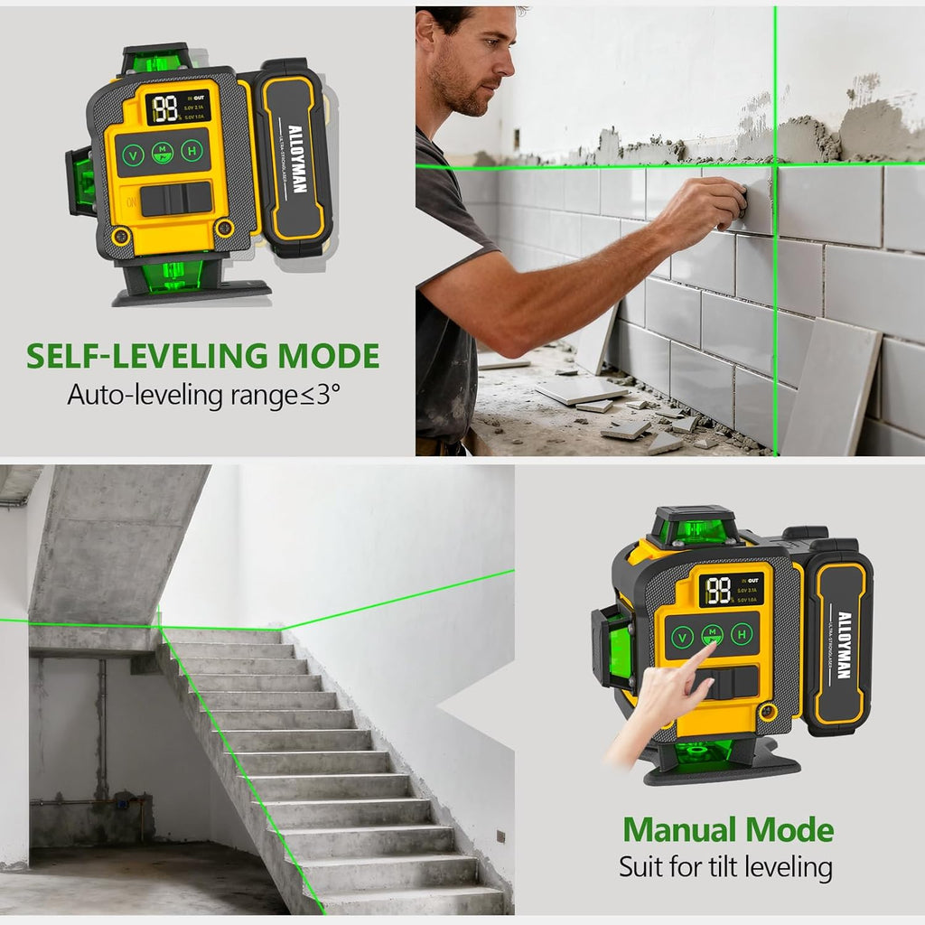 4x360°Self Leveling Laser Level, 12 Ft./3.7M Professional Laser Level Pole with Tripod, Green Line Lazer Leveler Tool