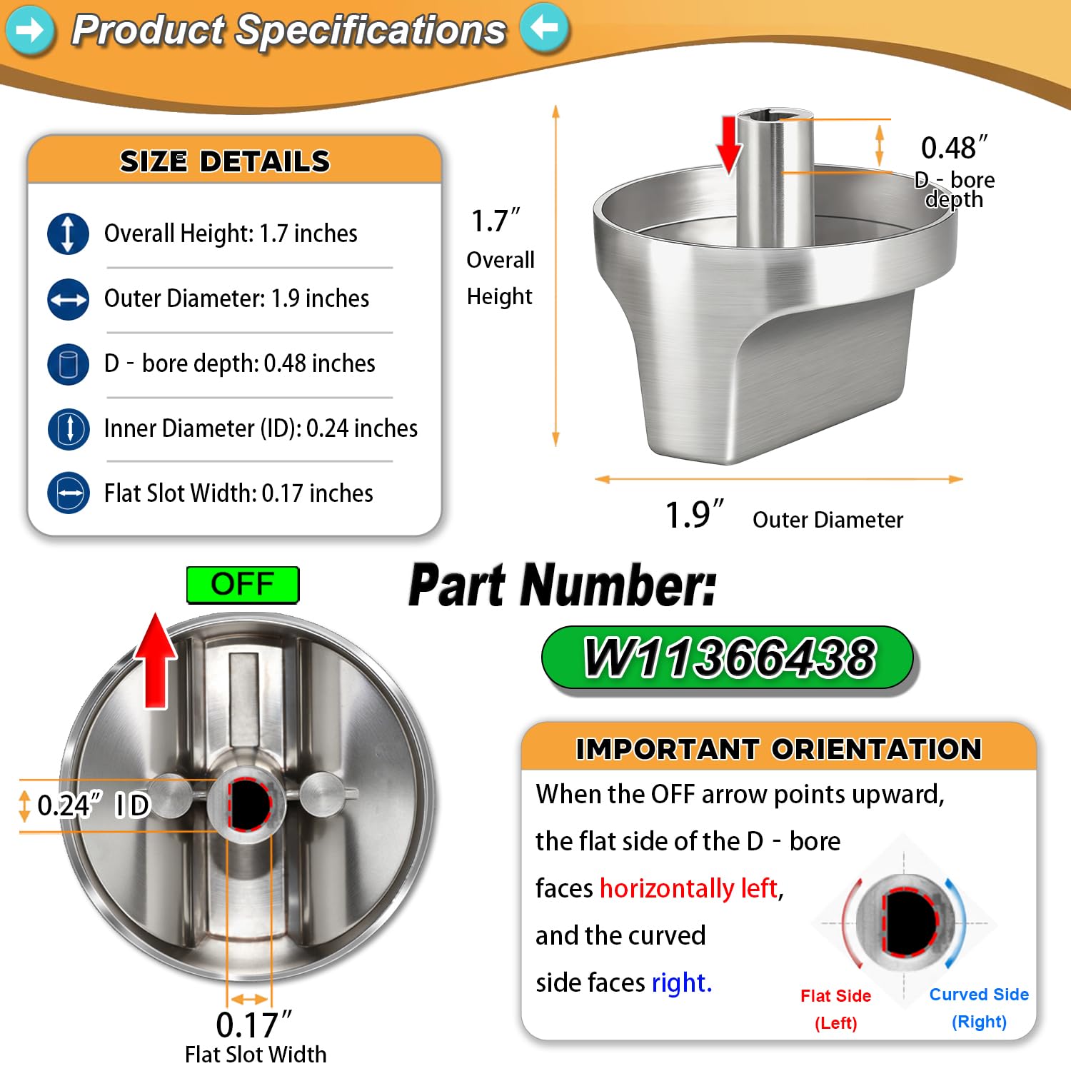 Upgraded Metal W11366438 for Whirlpool Stove Knobs Replacements,Stainless Steel Brushed,Compatible with Gas Cooktop