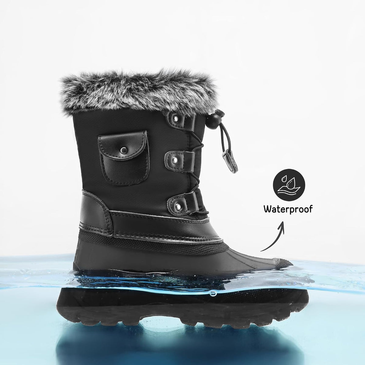Girls Snow Waterproof Winter Boots | Warm Faux Fur Lined Outdoor Secure Grip Anti Slip Outsole Easy Wear Windproof