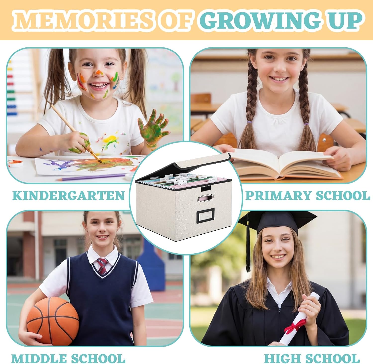 School Memory Organizer Box Kit K-12 School Years Memory Keepsake with 24 Different Memorys Questionnaires 24 Hanging