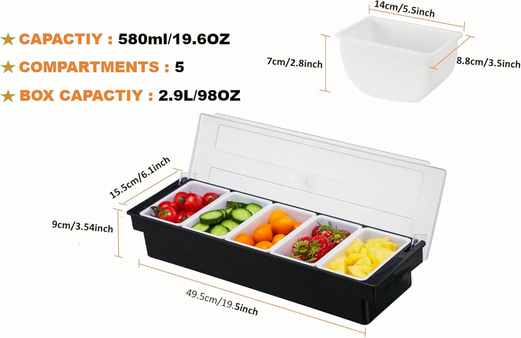 Ice Chilled Condiment Caddy Serving Container with Lid,5 Compartments
