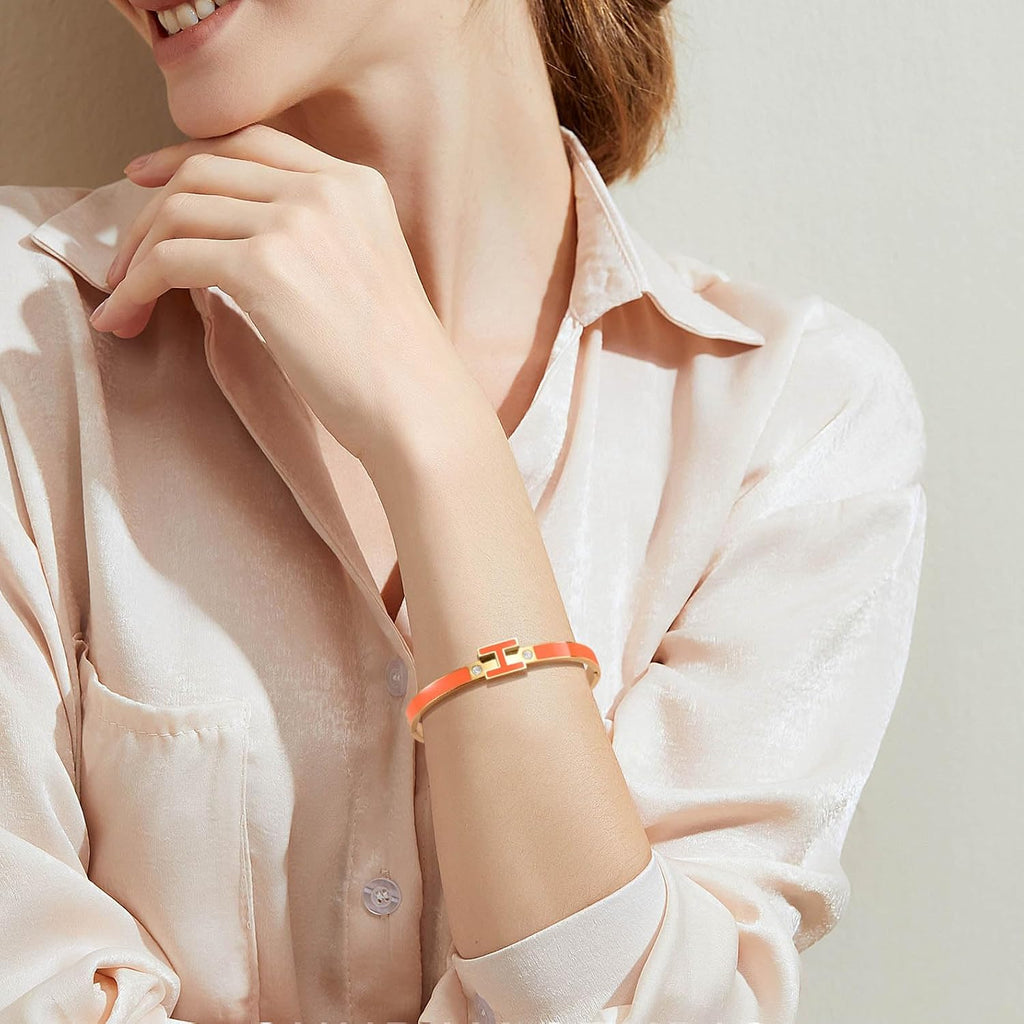 H Bangle Bracelet for Women - 18K Gold Plated Stainless Steel Enamel Bracelet - Fashion H Letter Jewelry - Elegant