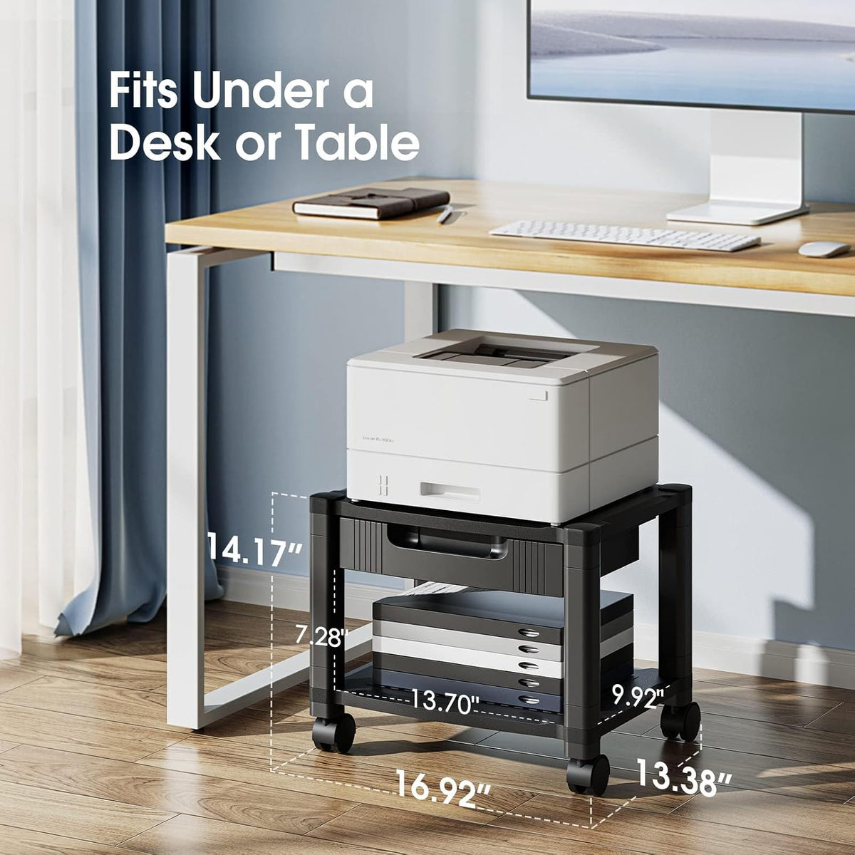 Printer Stand with Cable Management and Storage Drawer, Printer Table with Locking Wheels, 14.1-inch Maximum Height