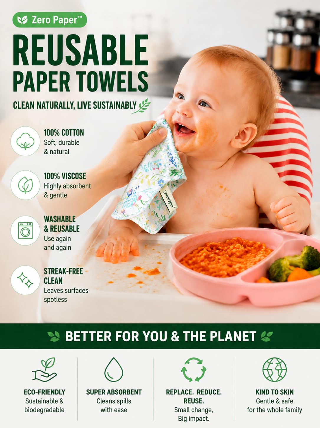 100% Cotton Flannel Reusable Paper Towels - 7 Pack Machine Washable - 3 Layers Extra Absorbent, Zero Waste Soft Cloth