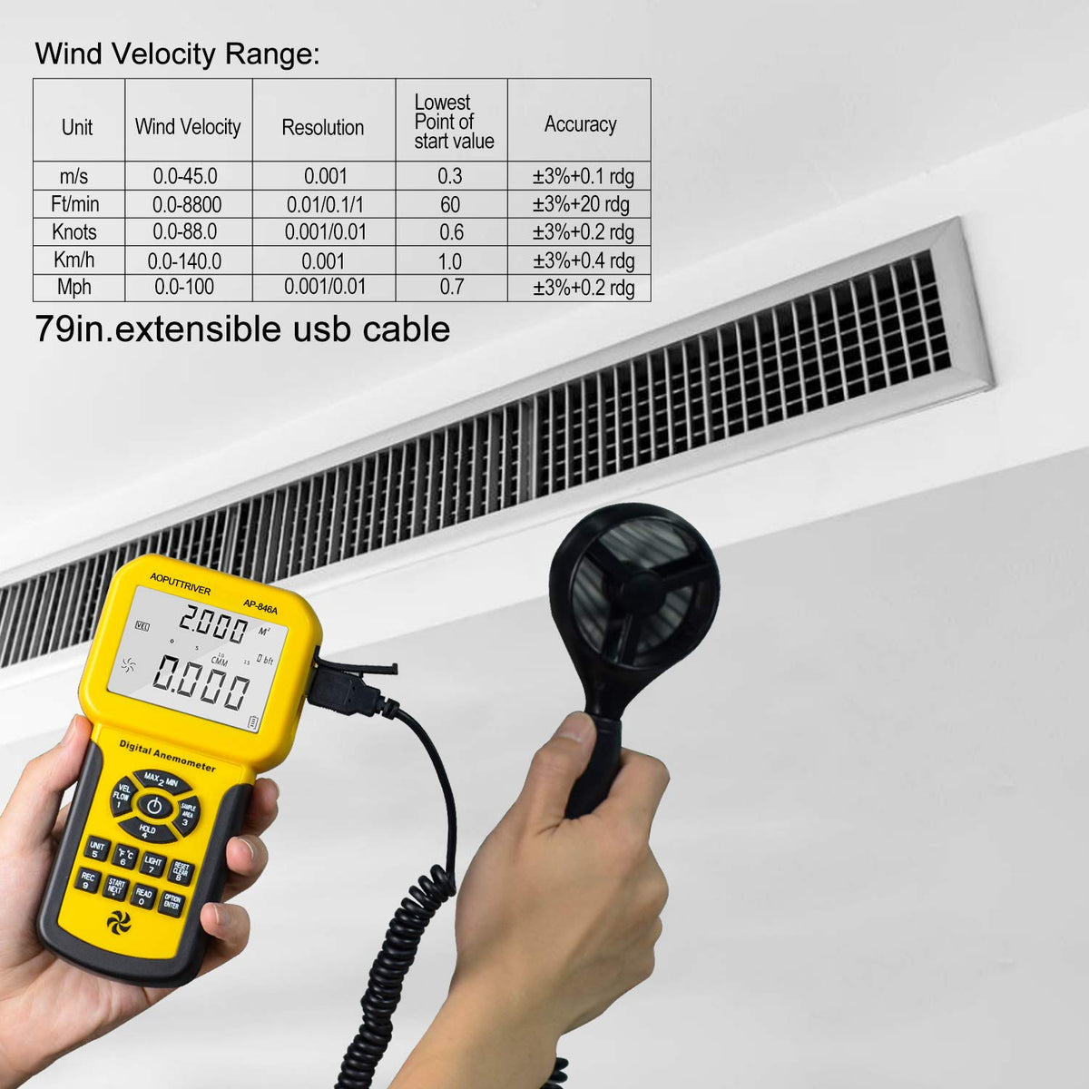 AP-846A Pro CFM Anemometer for HVAC Air Balancing & Dust Hose, 600 Data