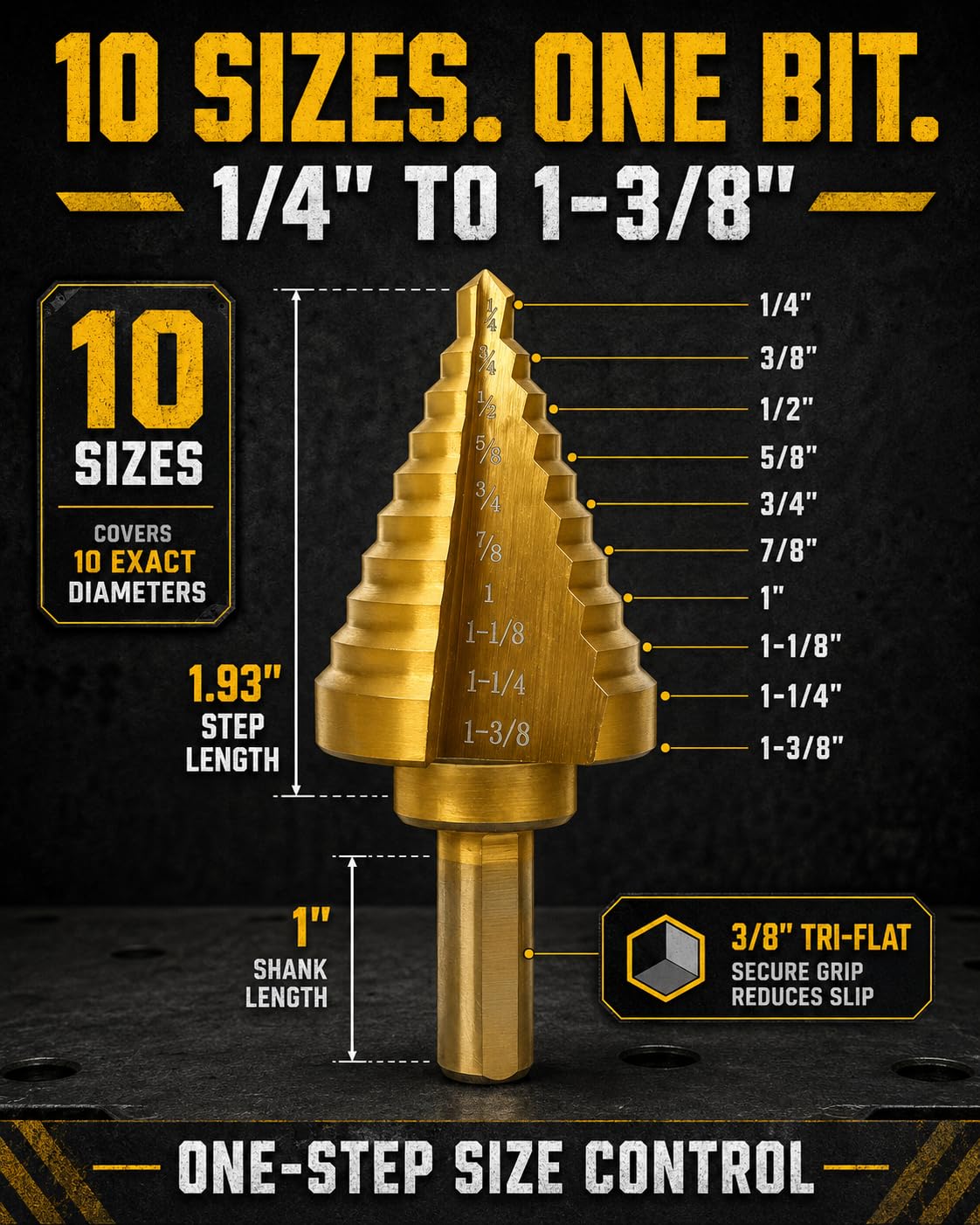 HSS Step Drill Bit for Metal, 3/8" Tri-Shank, 10 Steps from 1/4" to 1-3/8"