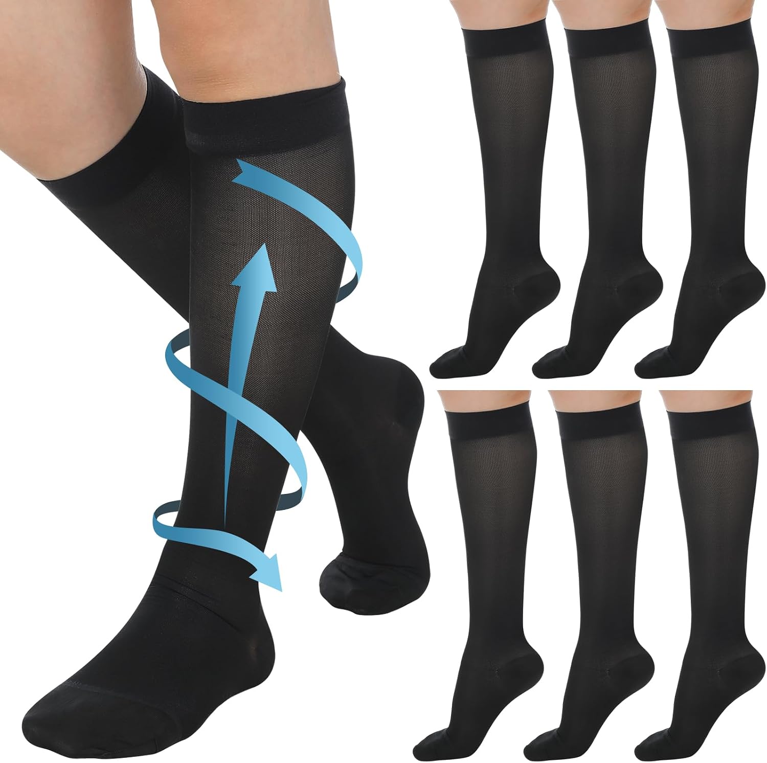 3 Pairs Sheer Compression Socks 20-30 Mmhg Knee High Compression Stockings Support Hose for Women