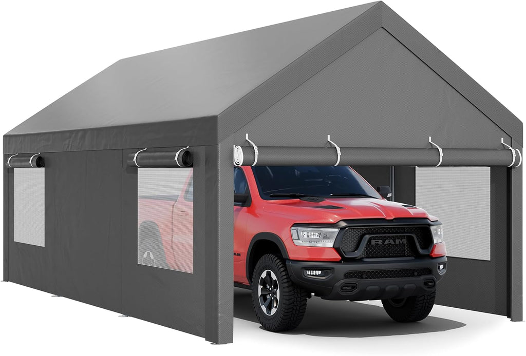 JY QAQA Carport, 12x20 FT Heavy Duty Carport with Roll-Up Window and Sandbags, Portable Garage with Removable Side