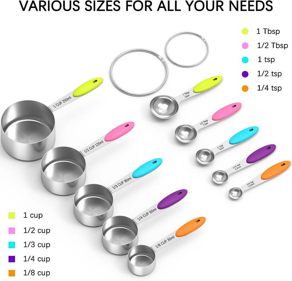 Nesting Measuring Cups and Spoons Set, Stainless Steel with Soft Silicone Handle – Heavy Duty & Dishwasher Safe for