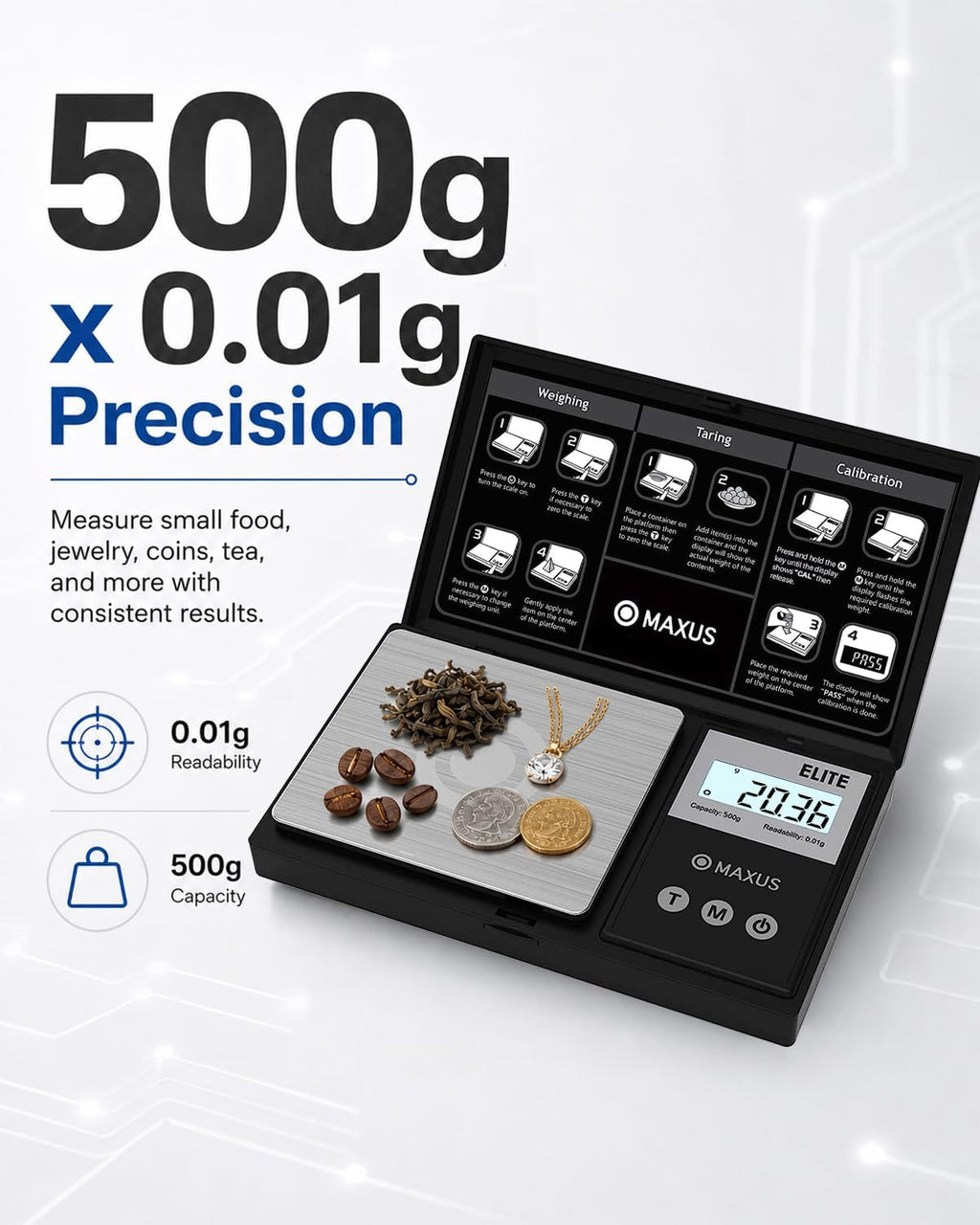 Digital Pocket Gram Scale 500g x 0.01g High Precision with Tray