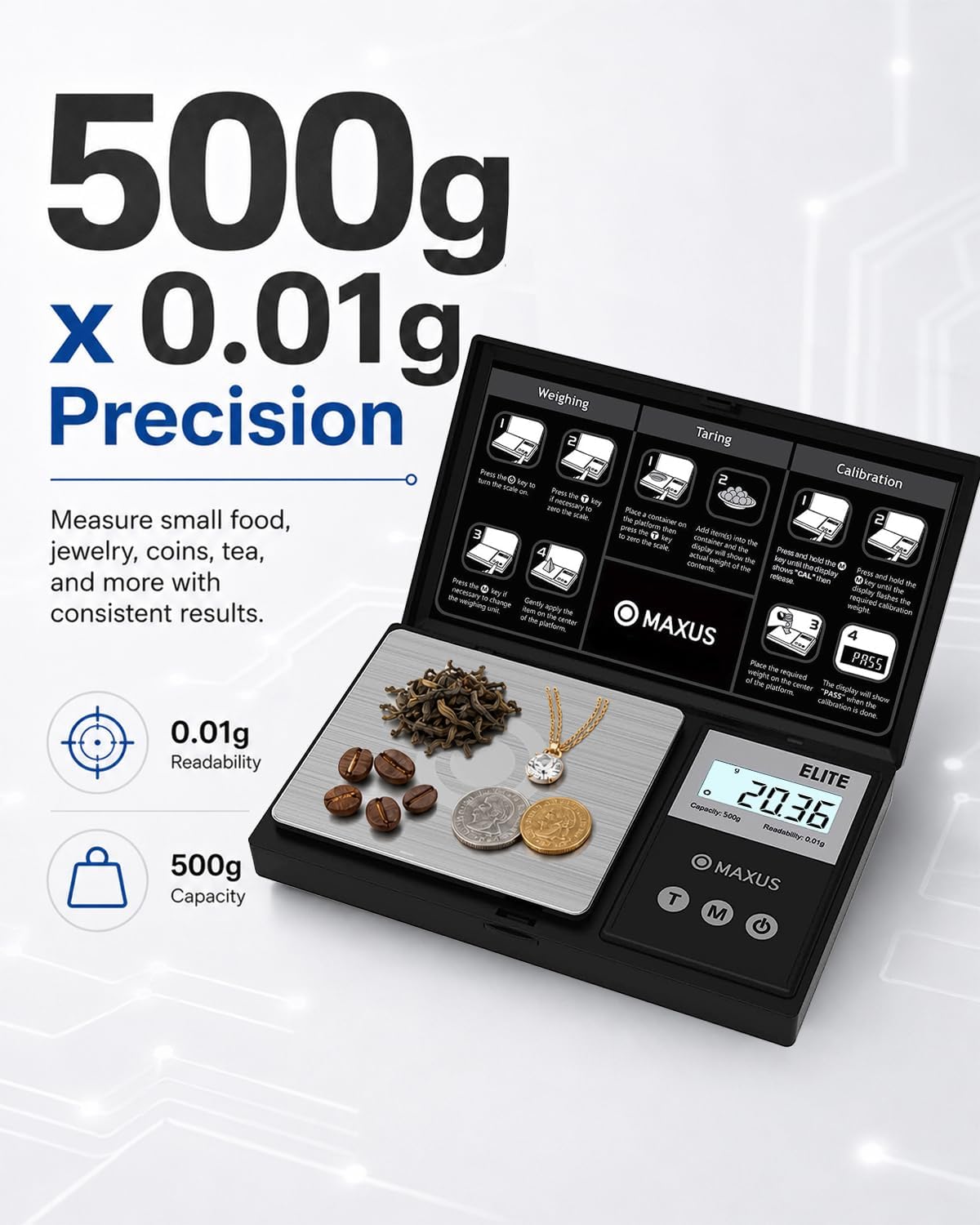 Digital Pocket Gram Scale 500g x 0.01g High Precision with Tray