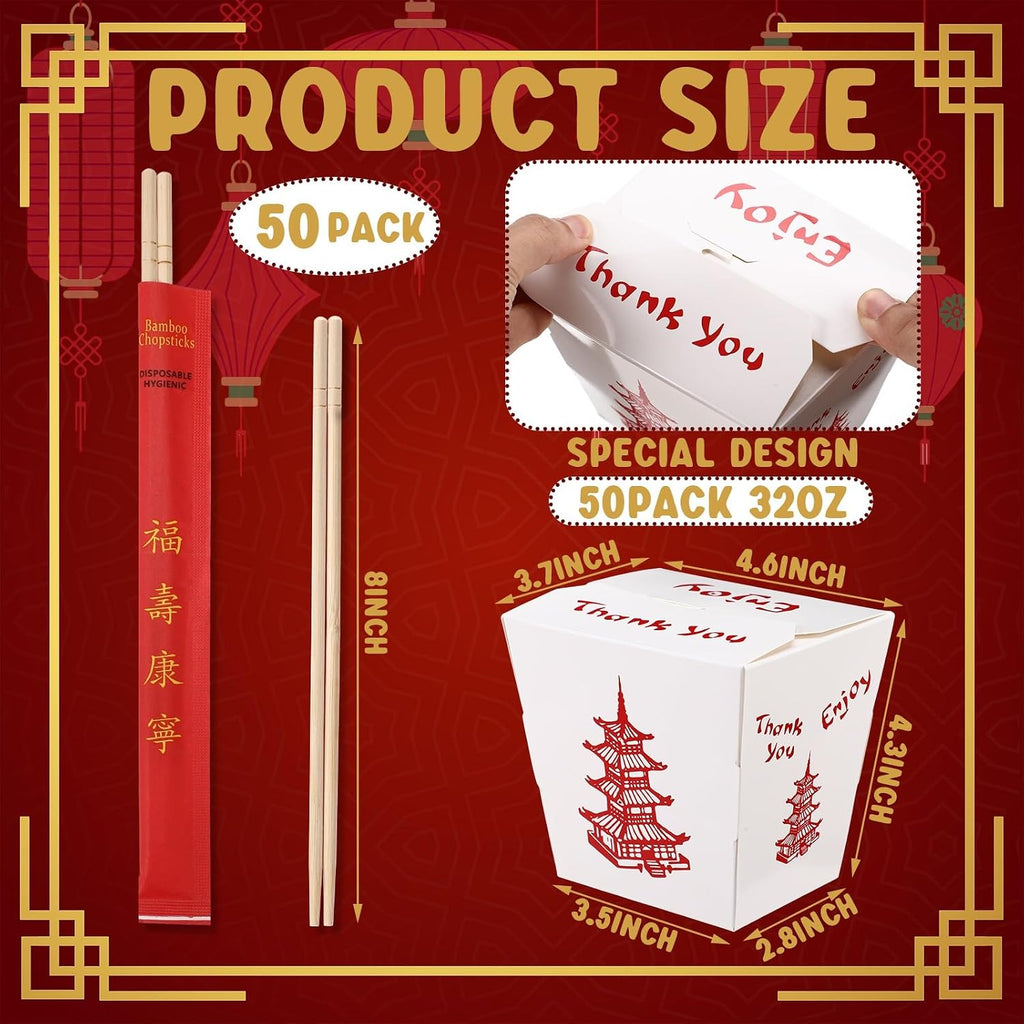 50 Sets 32 oz Chinese Take Out Boxes with Disposable Chopsticks