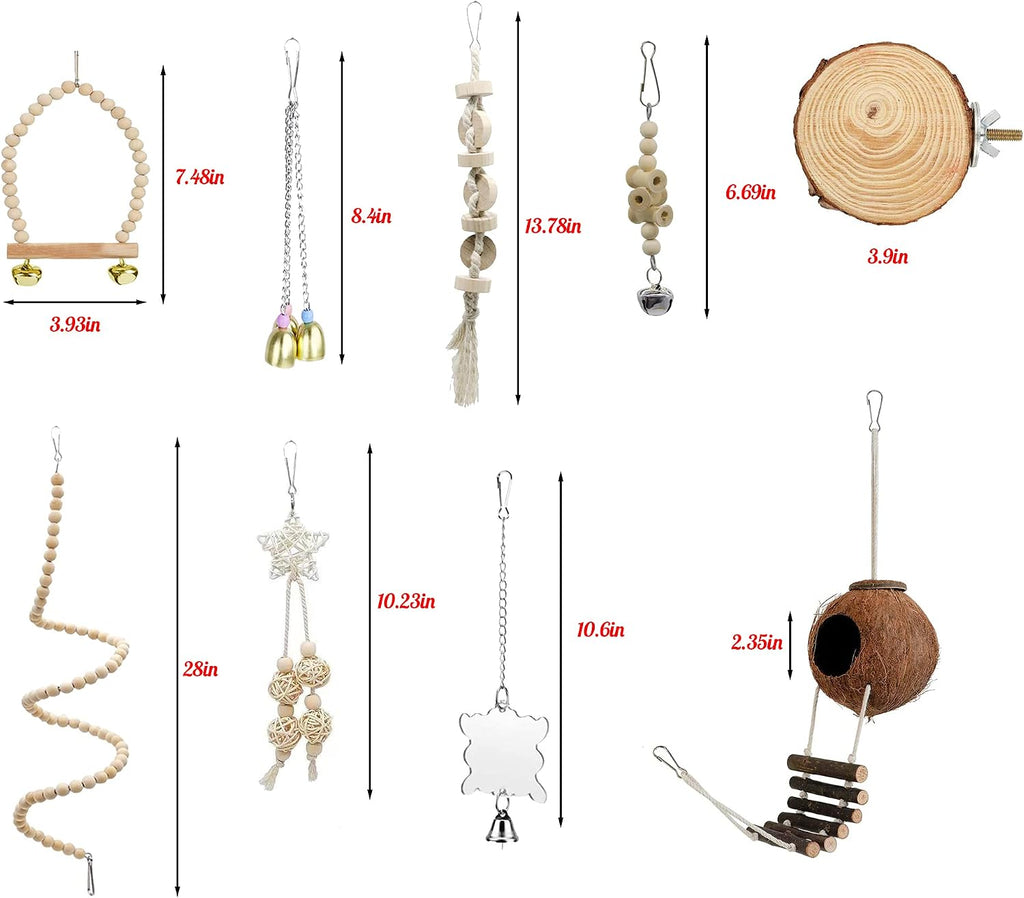 9-Piece Parakeet Toys & Budgie Toys, Bird Cage Accessories Set | Natural wood bird toys include coconut hideaway