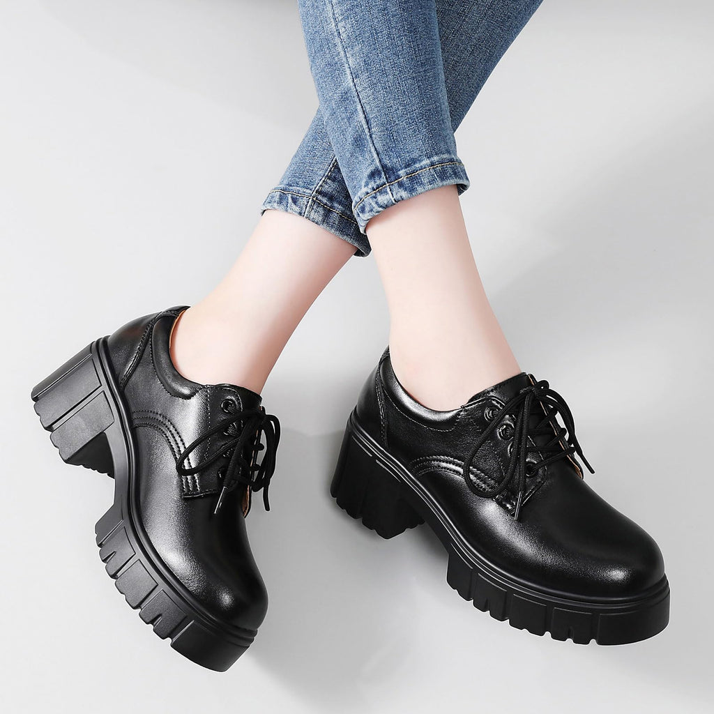 Platform Oxfords for Women Chunky Heel Lace-Up Black Leather Dress Shoes