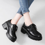 Platform Oxfords for Women Chunky Heel Lace-Up Black Leather Dress Shoes