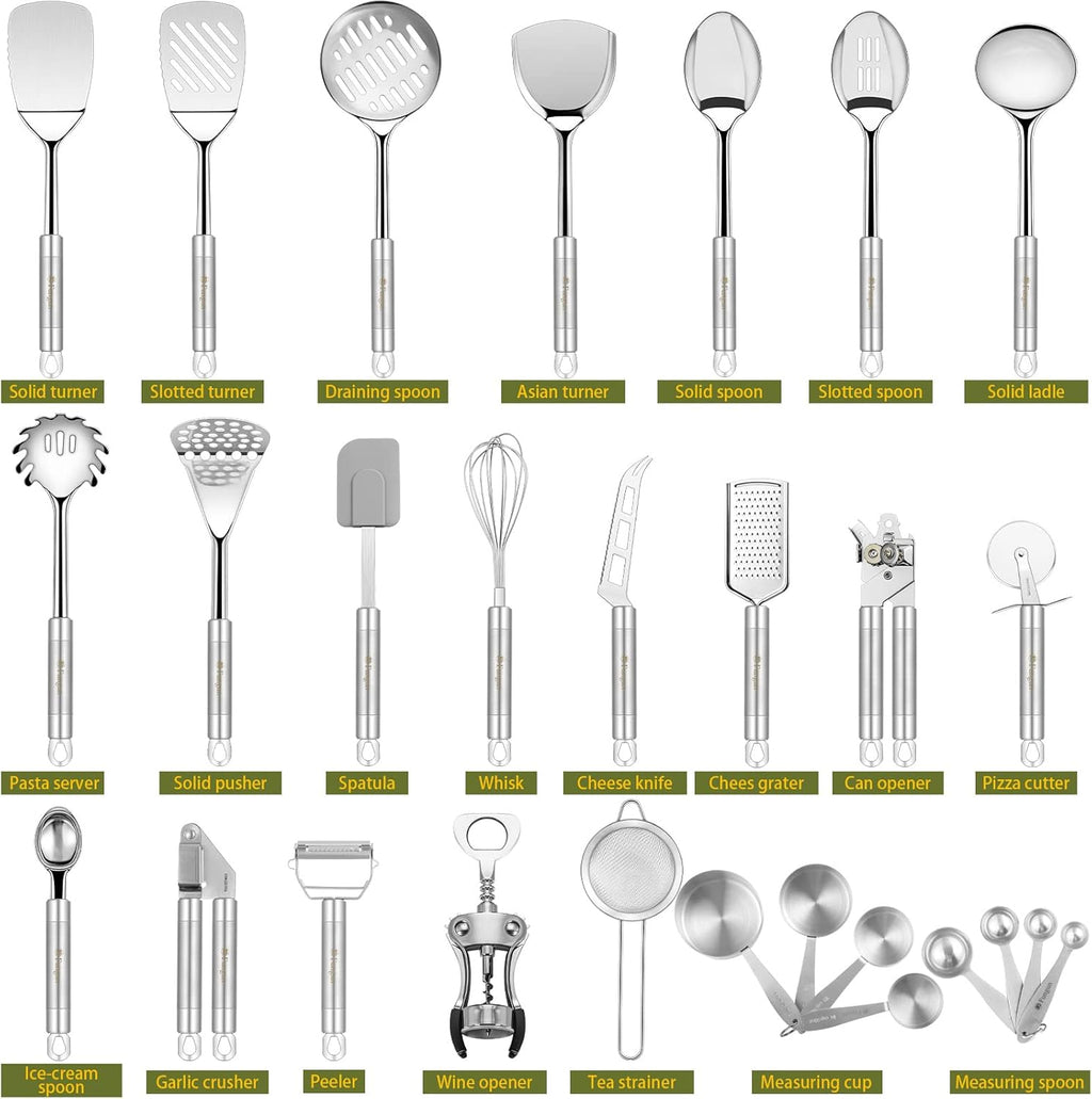 Stainless Steel Kitchen Utensil Set- Fungun 28 Pcs Cooking Nonstick Cookware Set with Spatula - Best Gadgets Tools