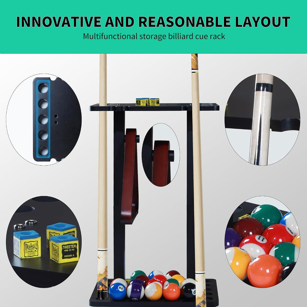 Pool Stick Holder with Multiple Storage, Floor-Standing Pool Cue Rack for 10 Cues, Pool Balls and Accessories, Wooden