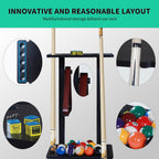 Pool Stick Holder with Multiple Storage, Floor-Standing Pool Cue Rack for 10 Cues, Pool Balls and Accessories, Wooden