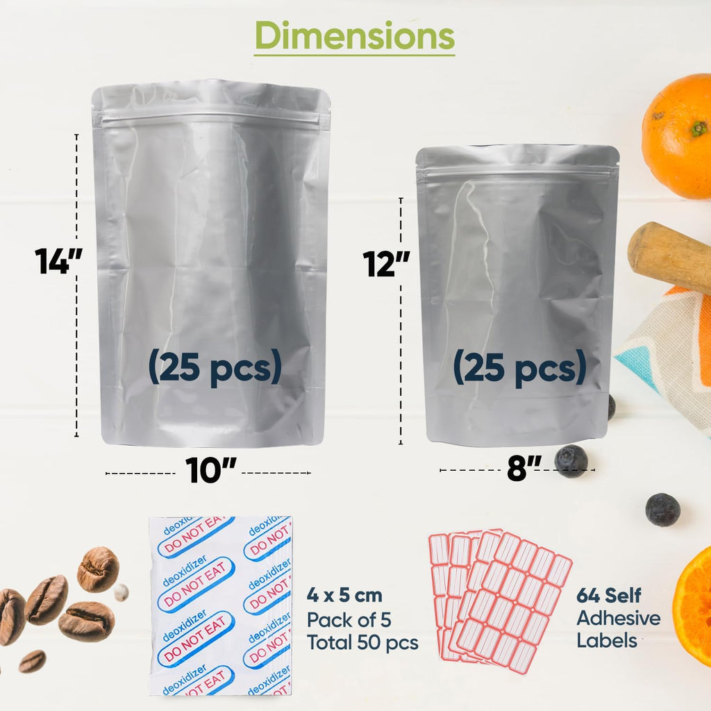50 Mylar Bags for Food Storage - 0.5 and 1 Gallon Mylar Bags with Oxygen Absorbers 400cc - 9.4 Mil Extra Thick