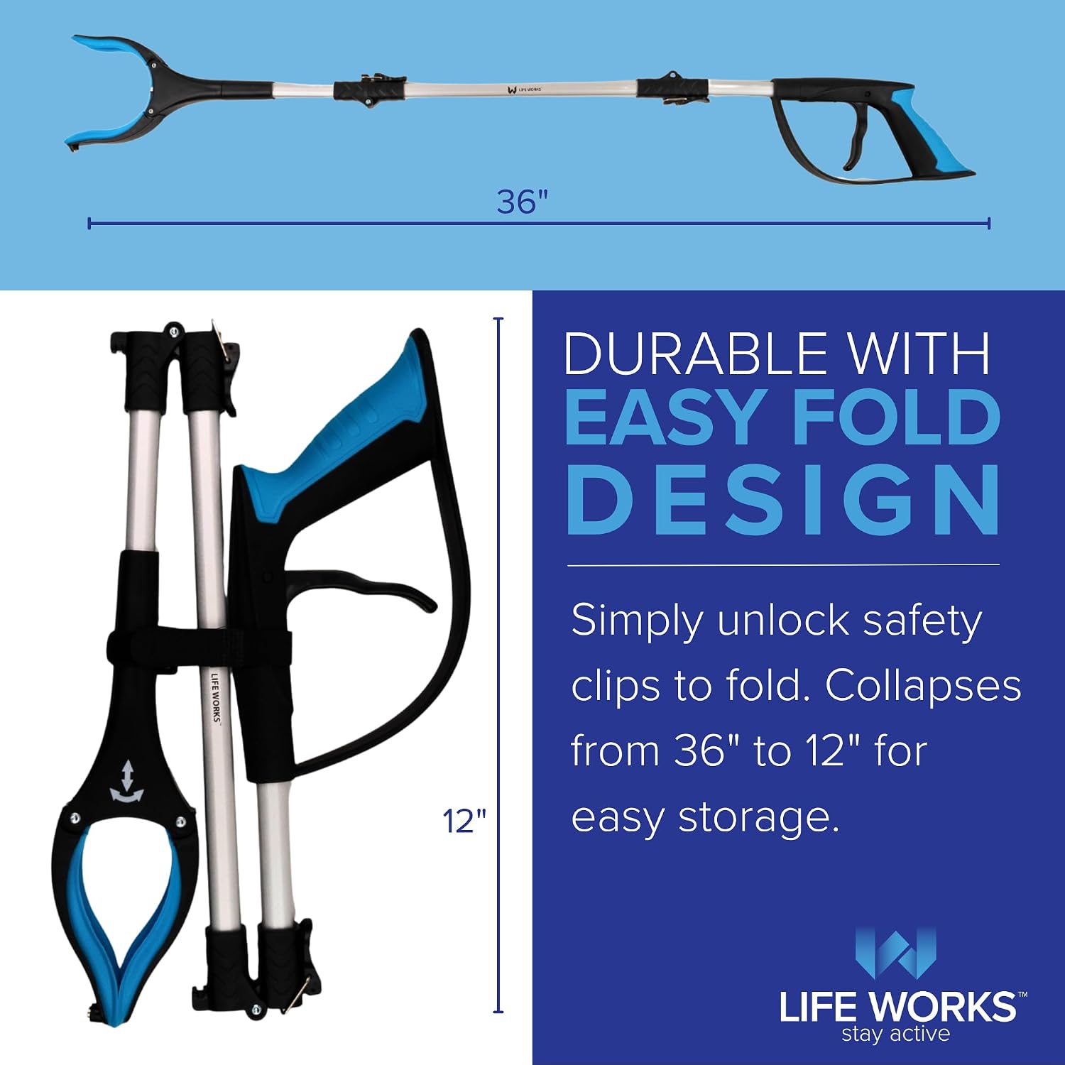 Reacher Grabber Tool, 360° Rotating Head, Lightweight 36" Foldable Arm, Ergonomic Grip, 4.5" Wide Jaw, Mobility Aid
