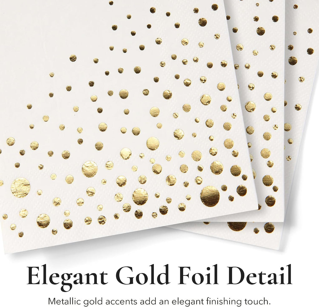 Gold Cocktail Napkins, 100 White and Gold Party Napkins, 5x5 Inch