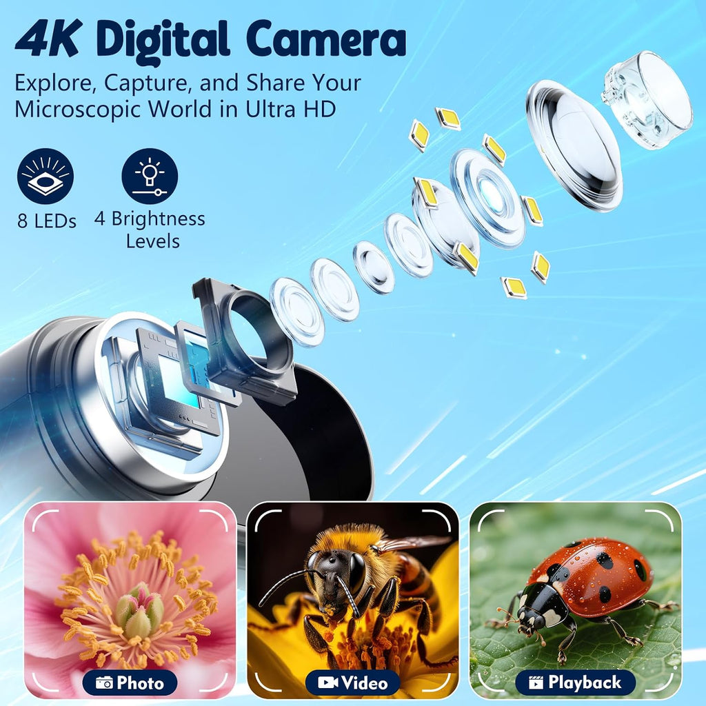 2.4" 4K 1000X Digital Kids Microscope with 32G Card 12 Slides Orange | Long distance viewing, portable handheld edu