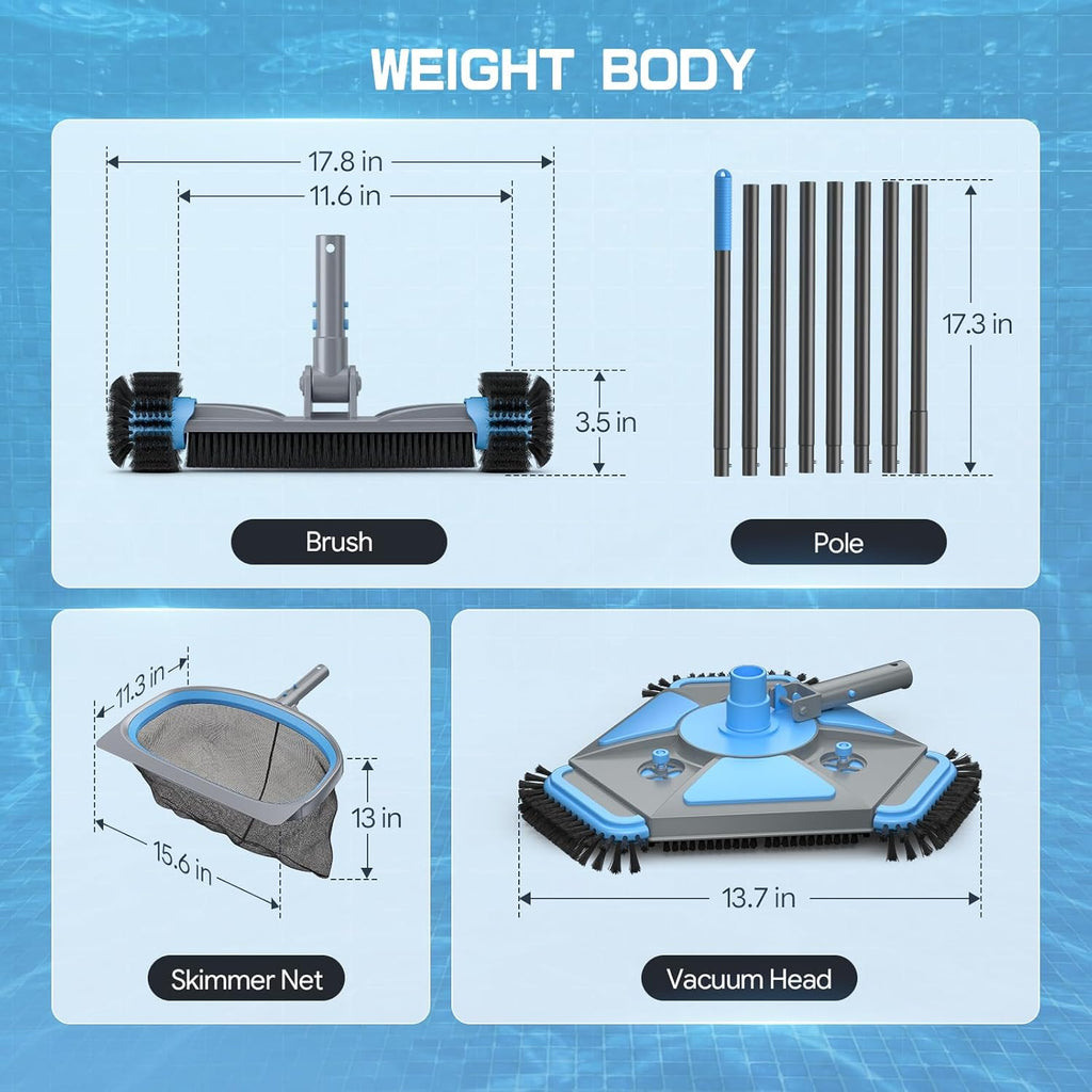 4-in-1 Deluxe Swimming Pool Cleaning Kit - Includes Upgrade Triangular Pool Vacuum Head, Detachable Brush, Deep Leaf