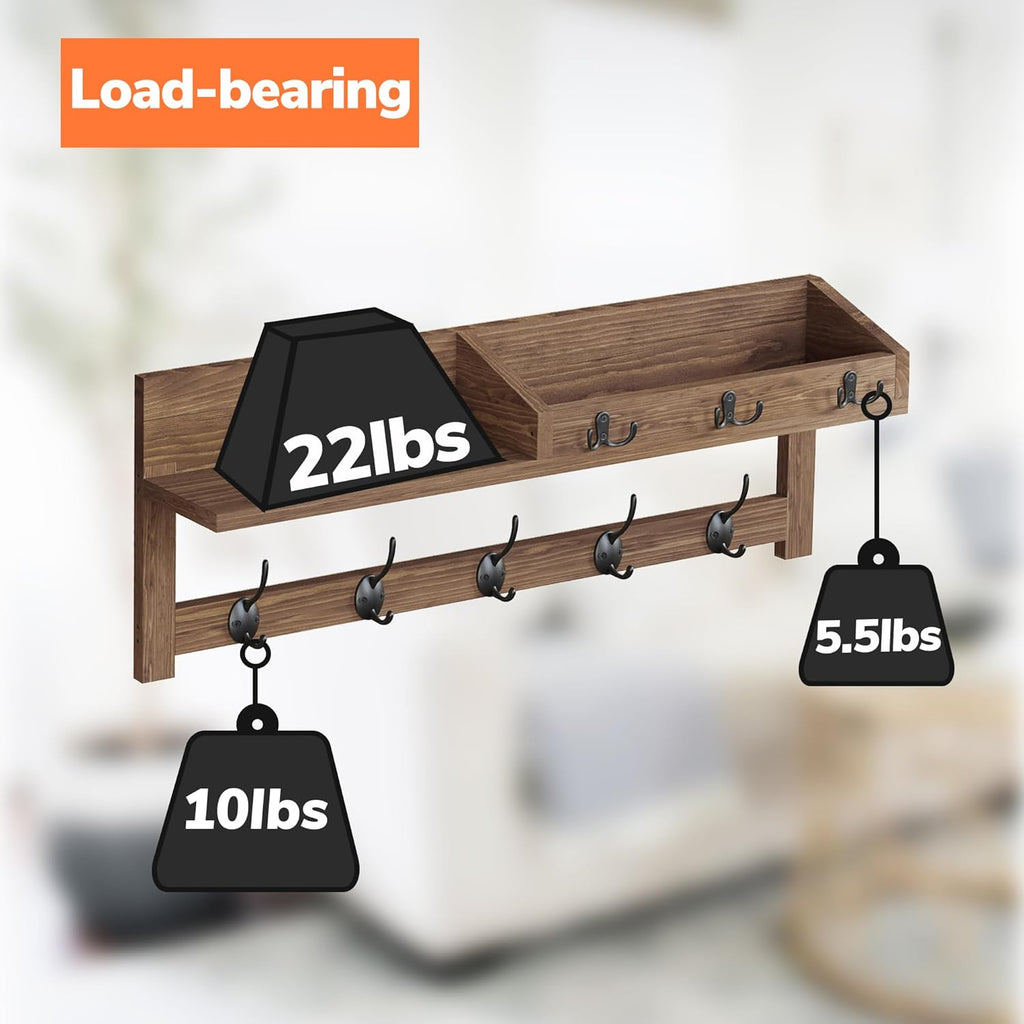 Wall Hooks with Shelf, 26.57 Inch Entryway Wood Coat Hooks for Wall with Shelf, Coat Rack Wall Mount with 5 Dual