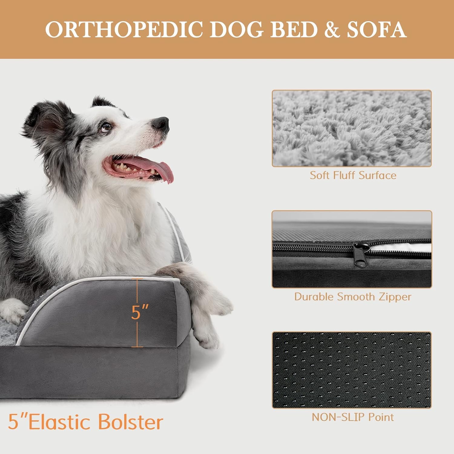 Orthopedic Dog Bed for Extra Large Dogs 42x30 Inch, Waterproof Egg Crate Foam XL Pet Bed with Removable Bolsters, Dog
