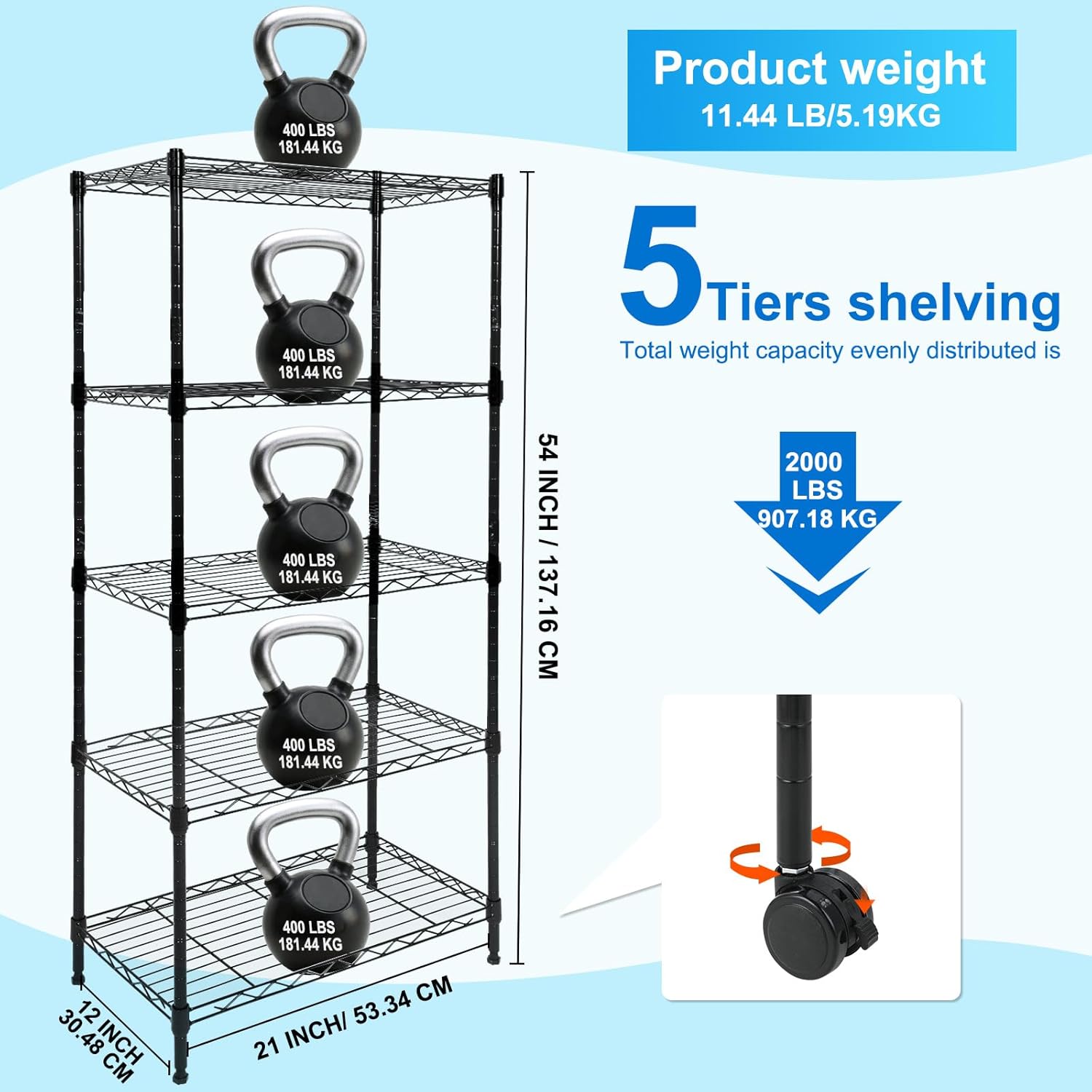 5 Tier Shelving Unit, Adjustable Storage Shelves with Wheels, Wire Shelving, 400 lbs Capacity per Shelf, Max 2000 lbs