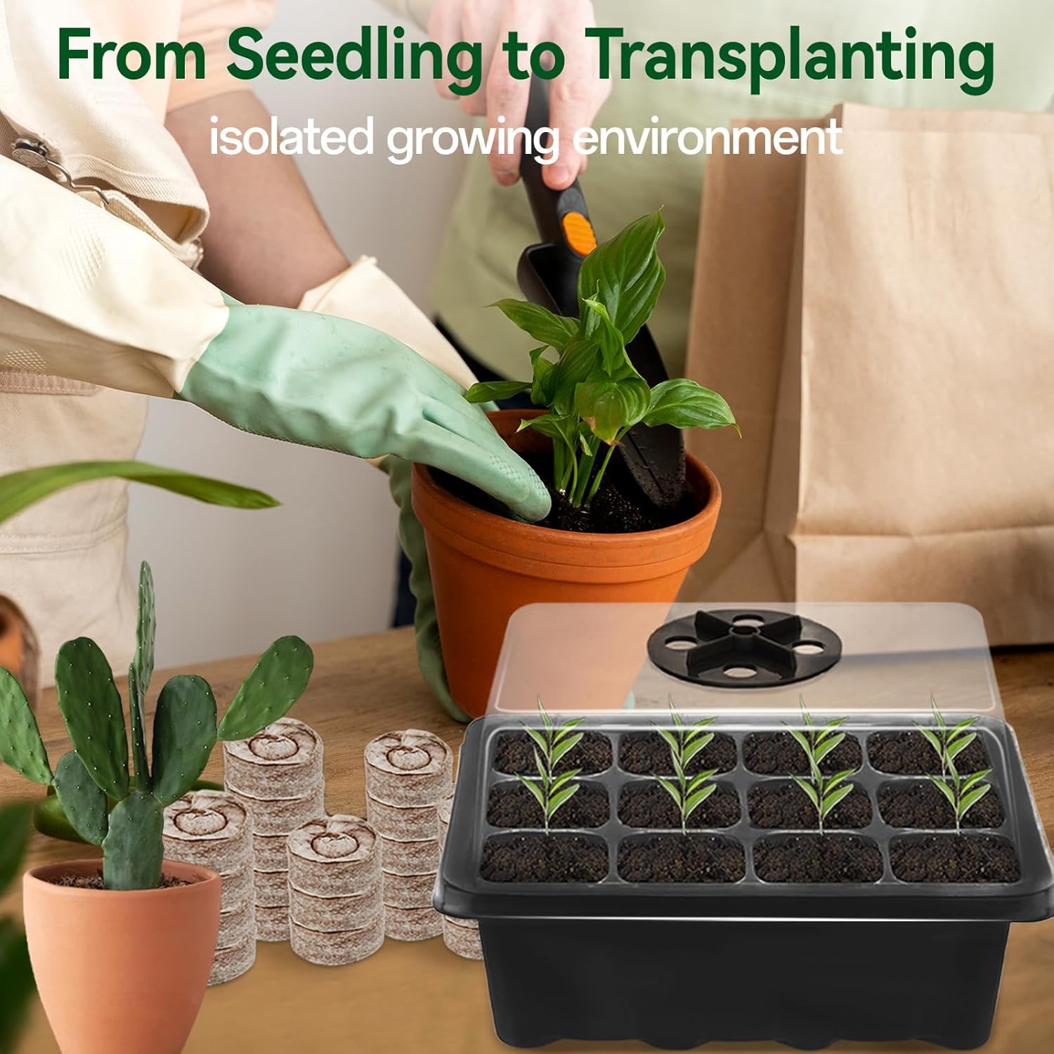 4 Pack Seed Starter Tray with 50 PCS Peat Pellets, 48 Cells Black Seeding Starter Trays for Organic Seed Starter Soil