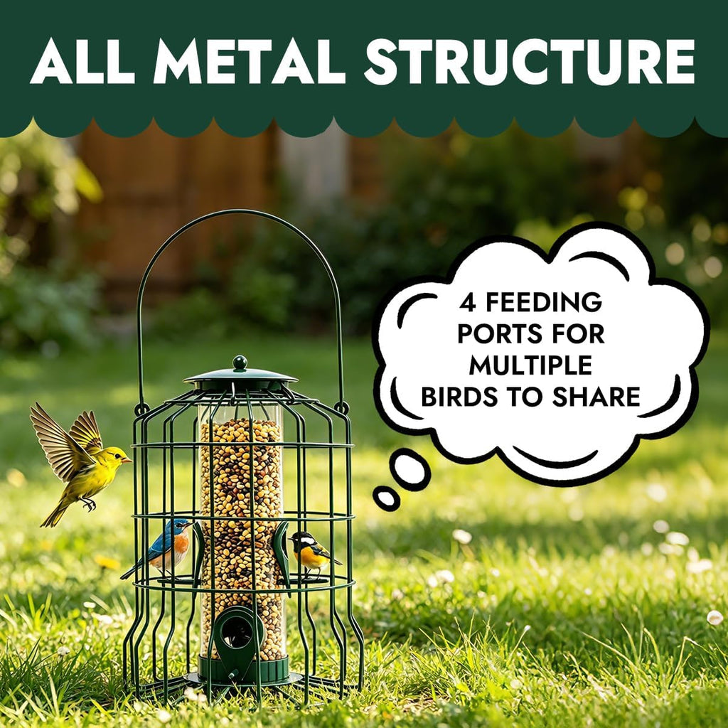 Squirrel Proof Bird Feeder, Metal Caged Outdoor Hanging Seed Feeder with Rainproof Cover & 4 Feeding Ports, Chew