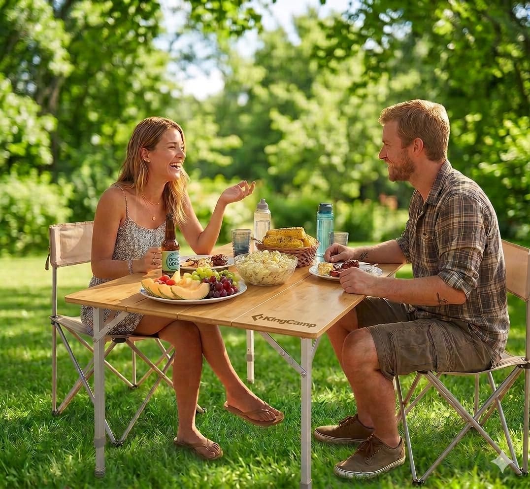 Adjustable Height Folding Table, 4-Fold Bamboo Camping Outdoor Portable RV Camp Table with Carry Bag for Outdoor Car