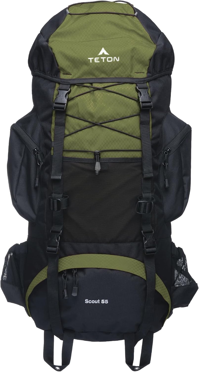 Teton 55L Scout Internal Frame Backpack for Hiking, Camping, Backpacking, Travel, Rain Cover Included, Olive