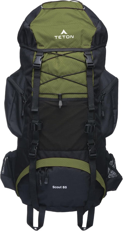 Teton 55L Scout Internal Frame Backpack for Hiking, Camping, Backpacking, Travel, Rain Cover Included, Olive