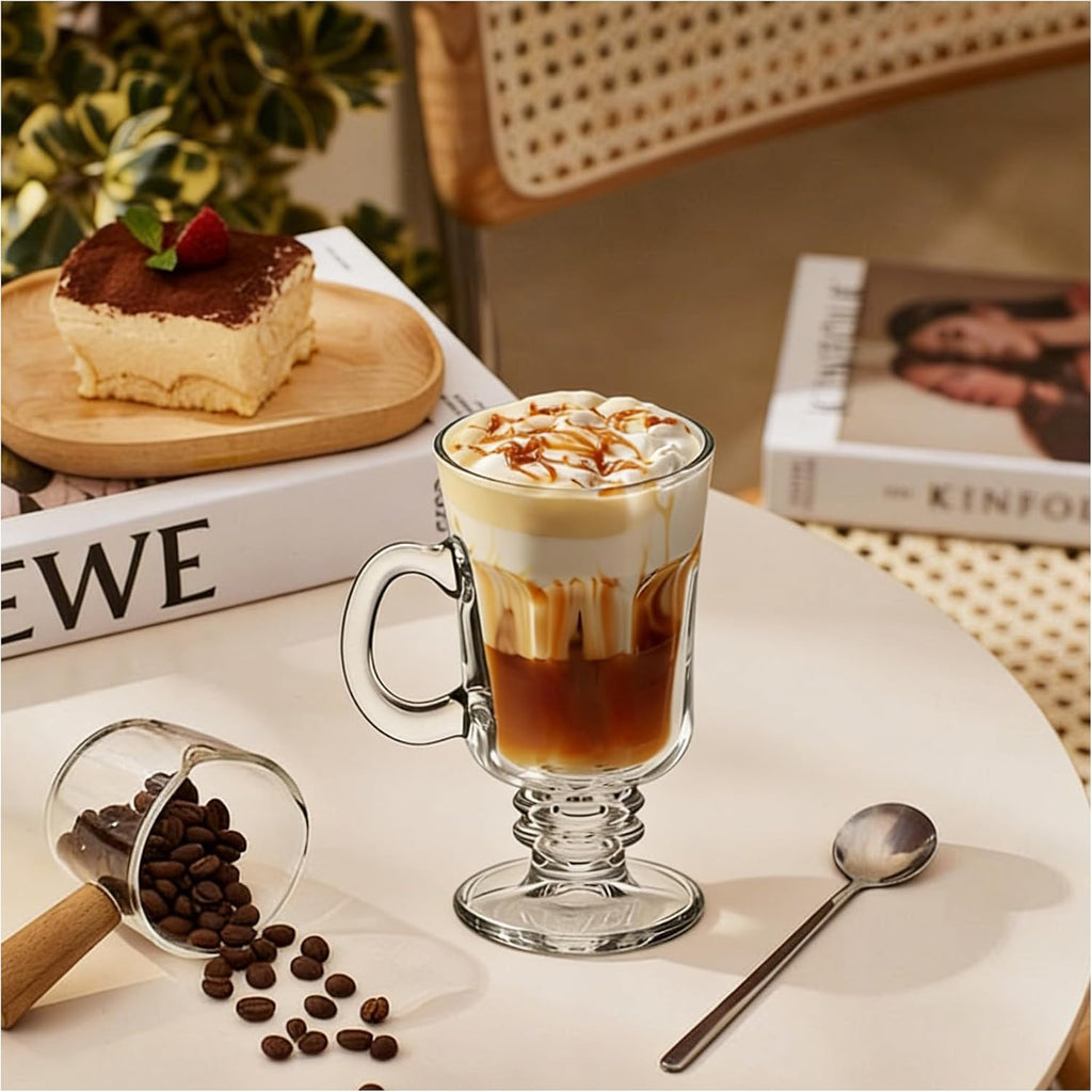 Set Of 6 Irish Coffee Mugs - 8oz Irish Coffee Glasses With Handle High Base - Clear Mugs For Latte, Cappuccino, Hot