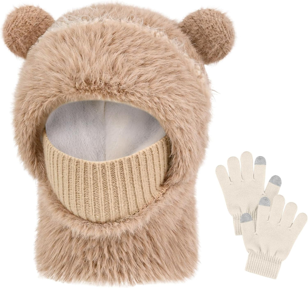 Kids Winter Hat Gloves Scarf Set- Kids Beanie Mask with Cute Bear Pom Warm Fleece- Neck Warmer Fleece Lined Set