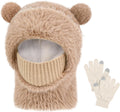 Kids Winter Hat Gloves Scarf Set- Kids Beanie Mask with Cute Bear Pom Warm Fleece- Neck Warmer Fleece Lined Set