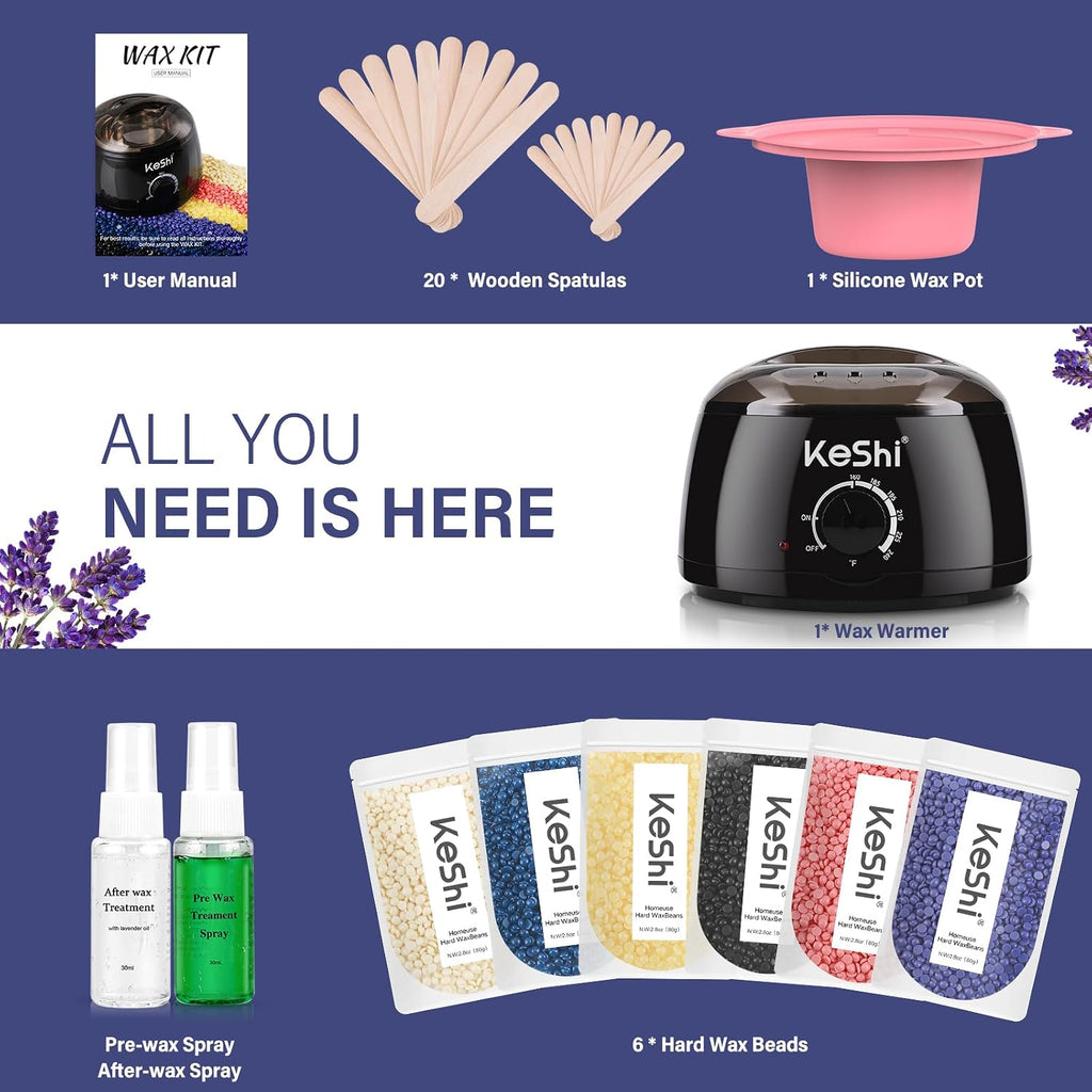 Waxing Kit, Painless Hair Removal Wax Warmer with 6 Bags Wax Beans(Dark Black)