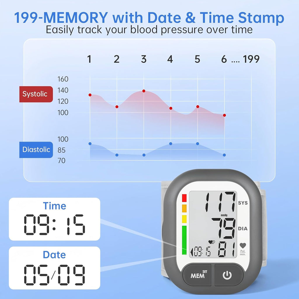 Blood Pressure Monitor Adjustable Wrist Cuff for Home Use Automatic BP Machine Large Digital LCD Display 199 Memory