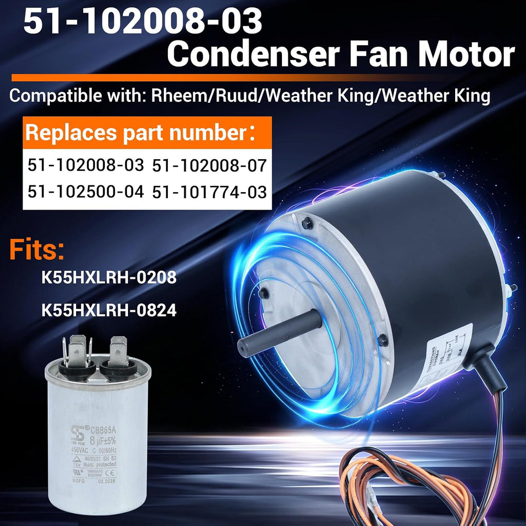 51-102008-03 Condenser Fan Motor Compatible with Rheem/Ruud