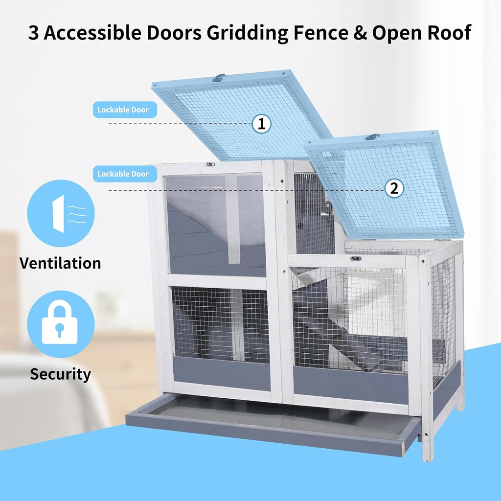 2-Story Guinea Pig Cages Wooden Indoor Rabbit Hutch Hamster Cage with Openable Roofs, Removable Tray and Wide Ramp