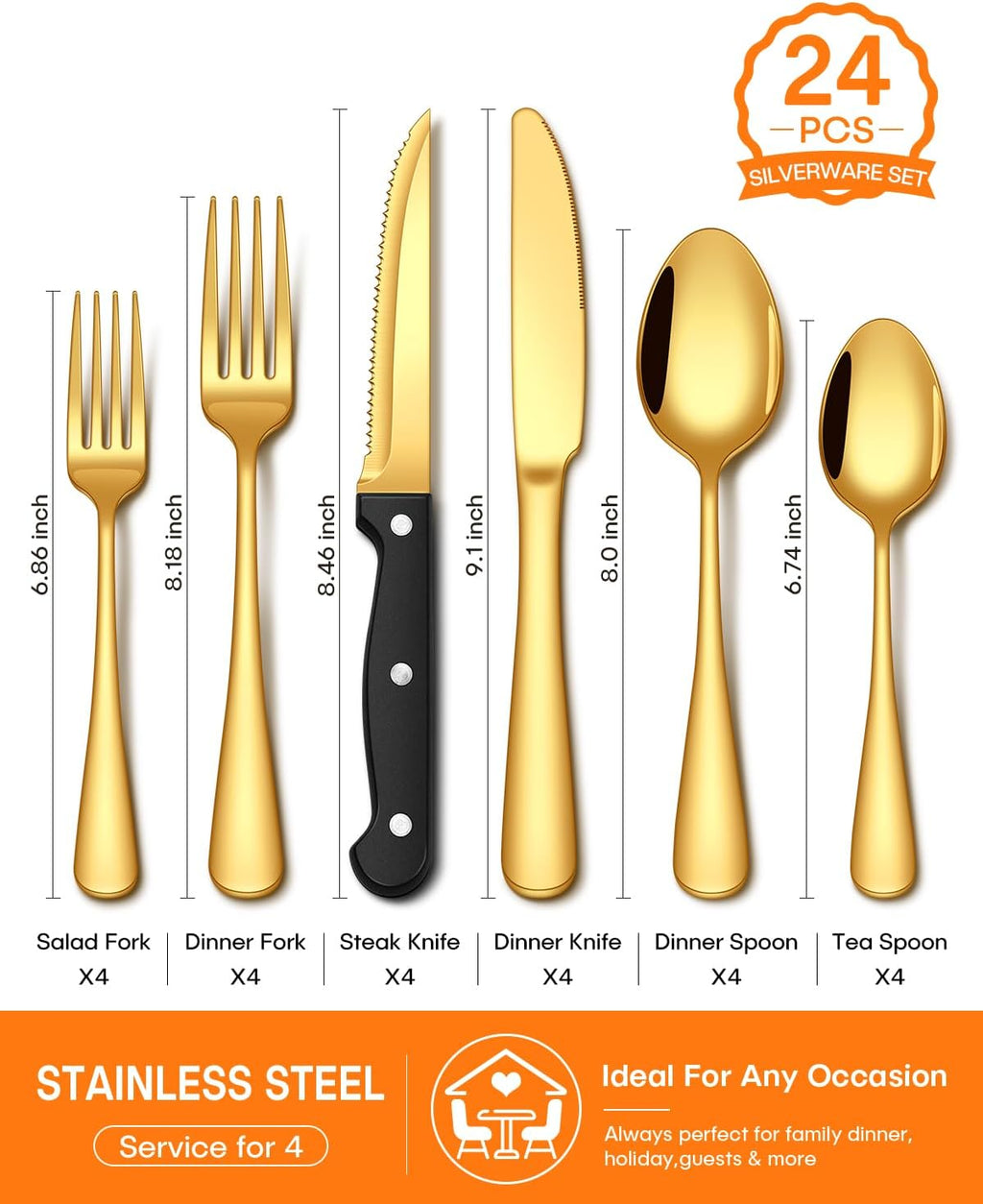 24 Piece Gold Silverware Set with Steak Knives Food Grade Stainless Steel Flatware Set for 4 Cutlery Utensil Set