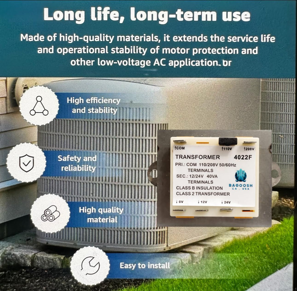 Bagoosh HVAC Transformer – 40VA, 110V/208V to 12V/24V Class 2 Power Transformer for air Conditioning, Furnaces, and Industrial Control Systems.