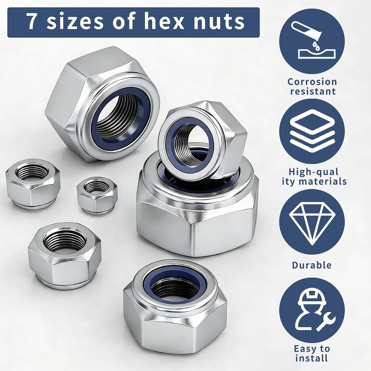 20 Pcs M12 Nylon Insert Lock Nuts, Metric Hex Nylock Nuts, Silver Self‑Locking Hex Nuts, Nylon Inserted Hex Locknuts for Screws and Bolts
