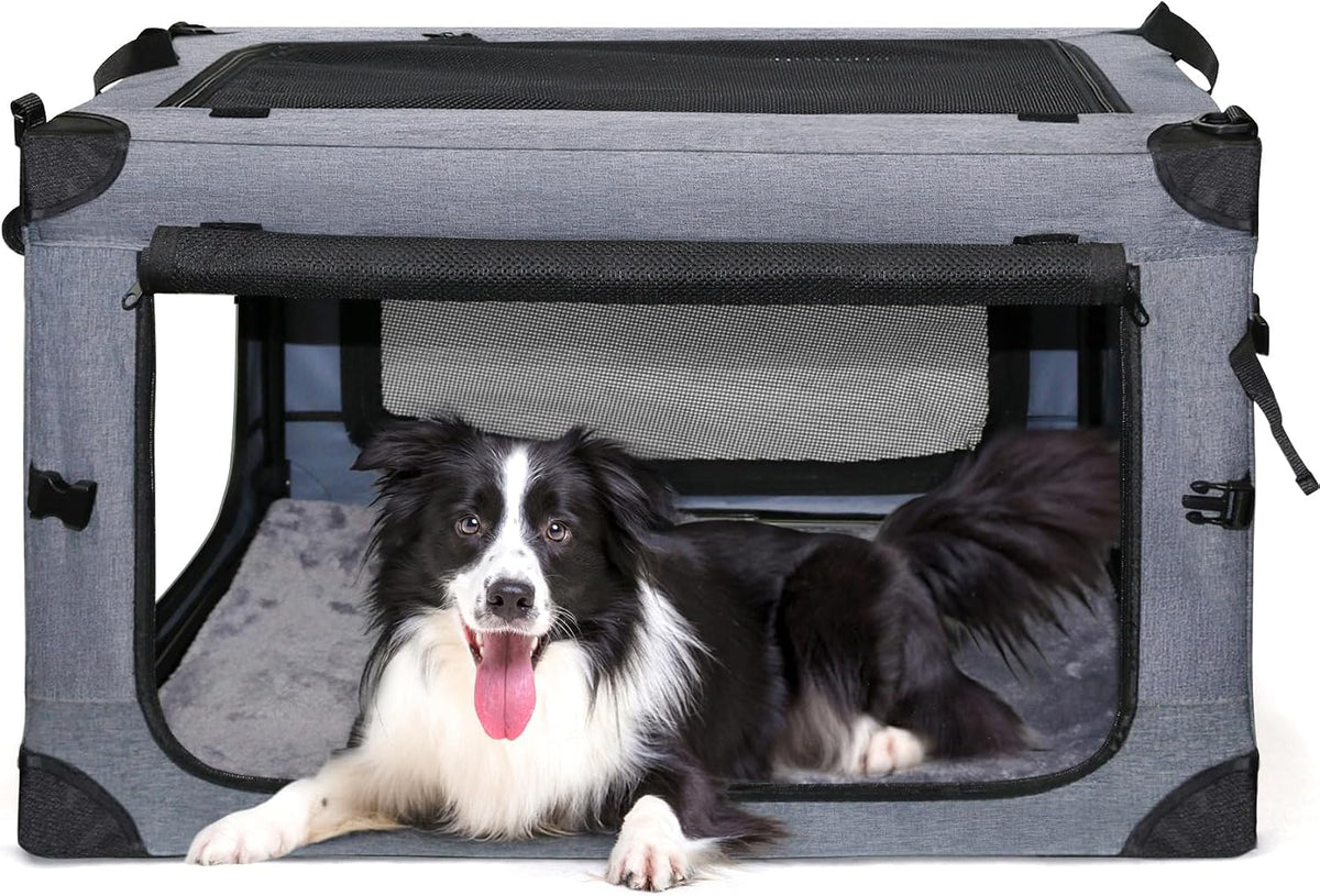 Collapsible Dog Crates for Large Dogs Portable Soft Sided Travel Dog Carrier for Indoor & Outdoor, 4-Door Foldable