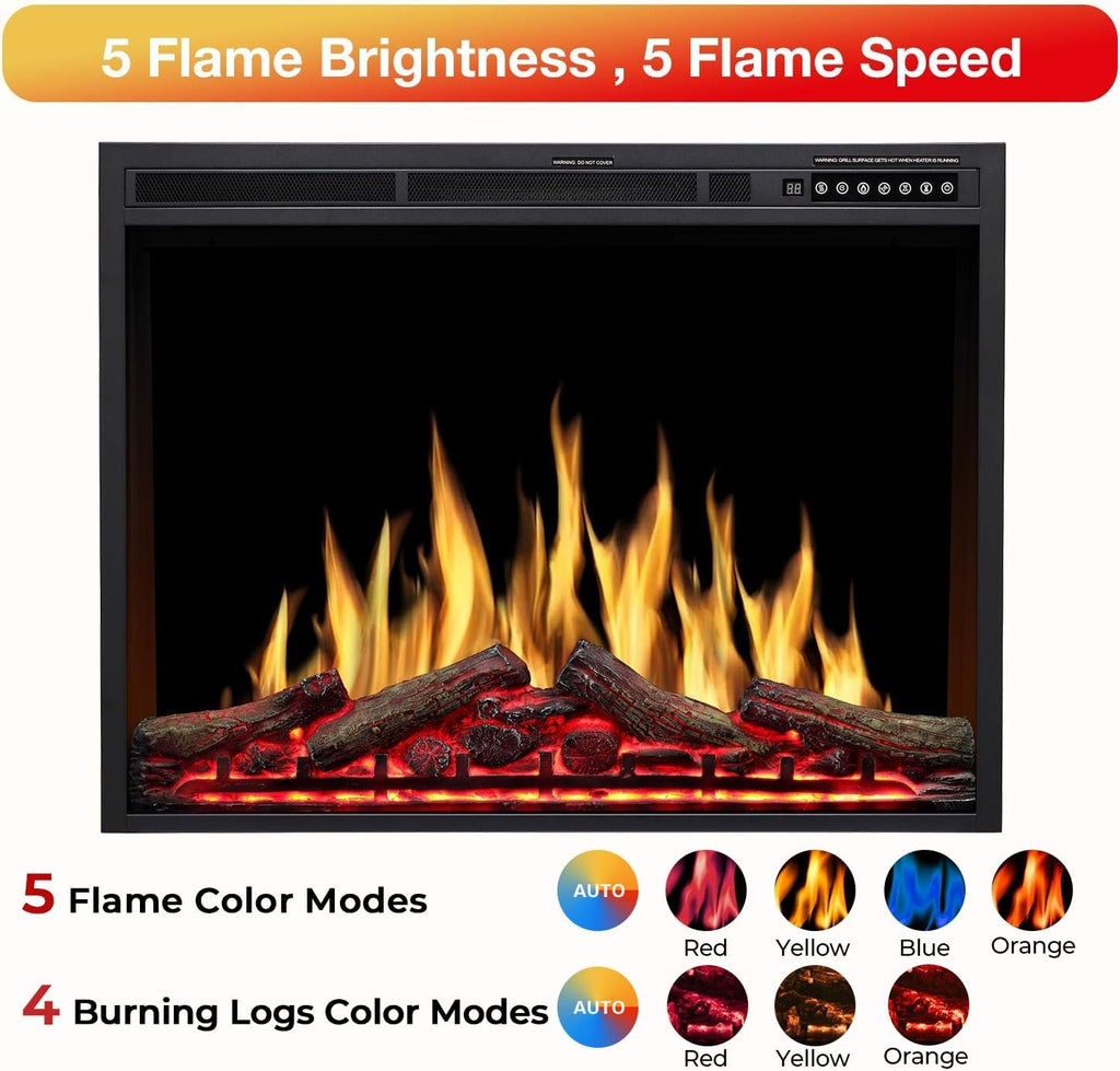 36" Electric Fireplace Insert, Realistic Log Recessed Electric Stove Heater, 4 Color Adjustable Flames, 8 H Timer, 5