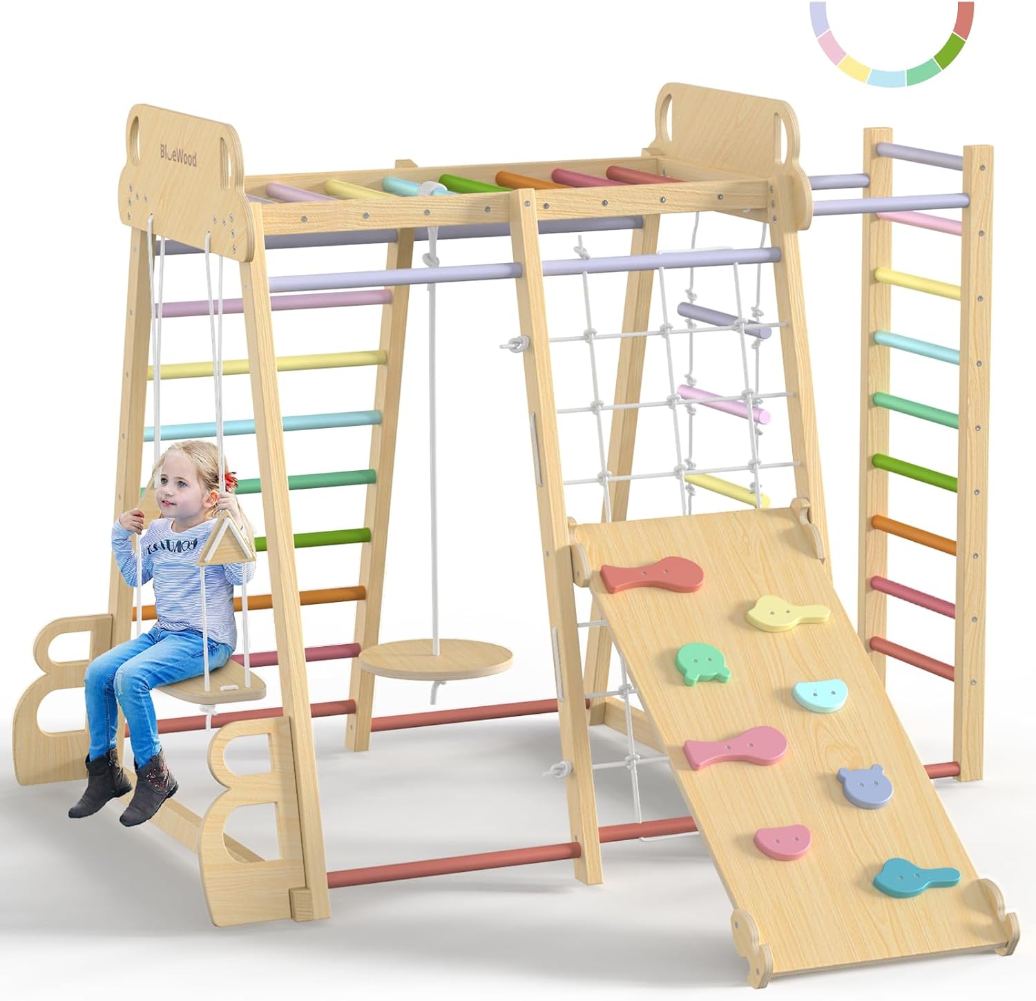 Upgraded Indoor Jungle Gym 9-in-1 Playground Kids Climbing Toys, Waldorf Style Wooden Climber Playset with Slide